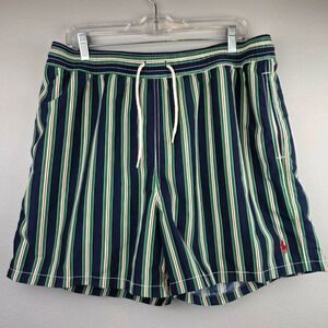 Polo Ralph Lauren Men Swim Trunks XL Navy Blue Green Red Striped Mesh Lined Pony